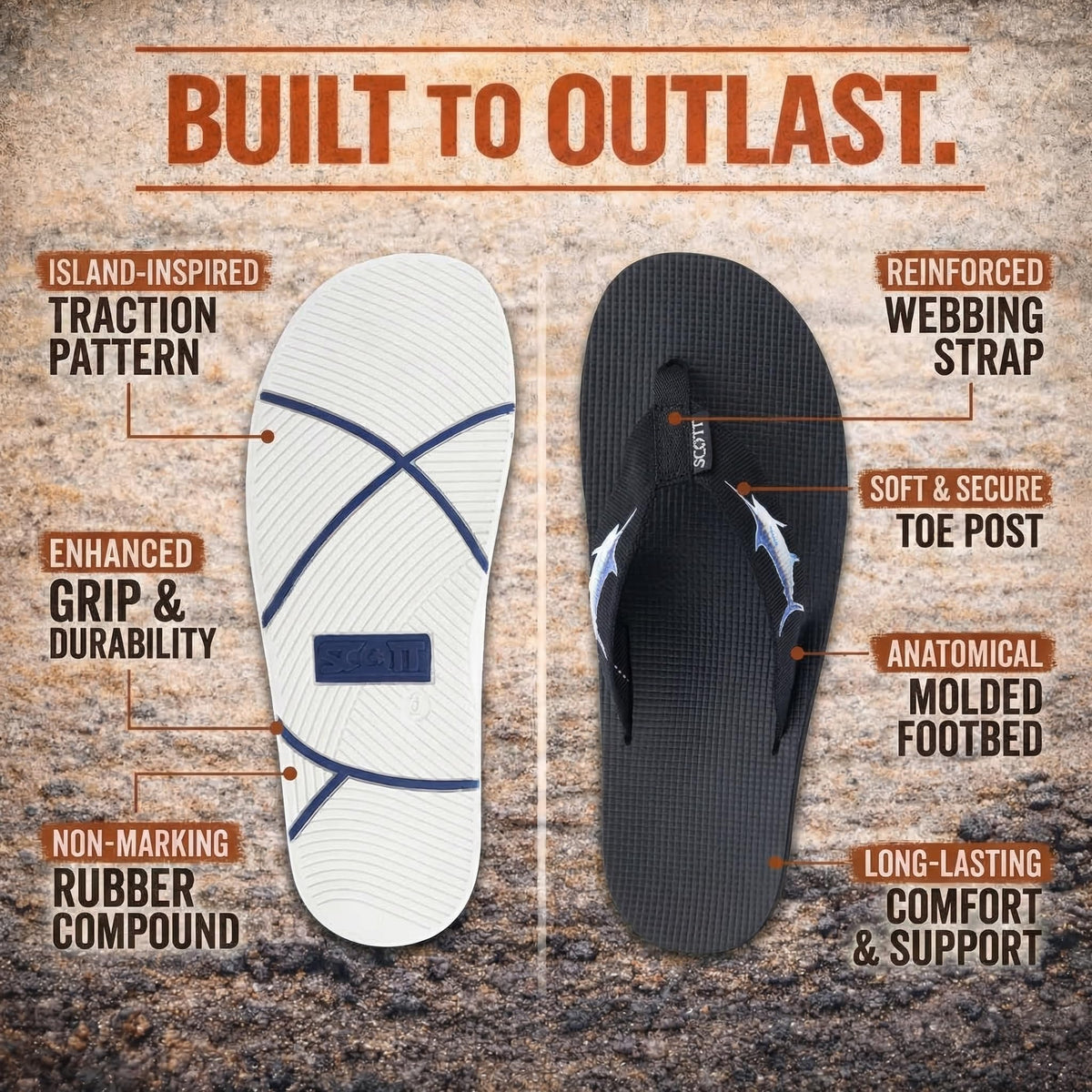Scott Hawaii Marine Flip Flop | Marlin Fish Design | Tubular Nylon Strap | Non-Marking Outsole | No-Slip Boat Sandal | Arch Support