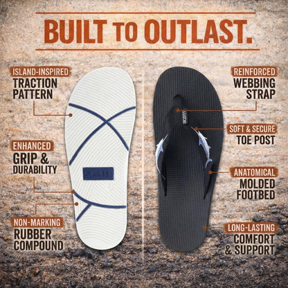Scott Hawaii Marine Flip Flop | Marlin Fish Design | Tubular Nylon Strap | Non-Marking Outsole | No-Slip Boat Sandal | Arch Support