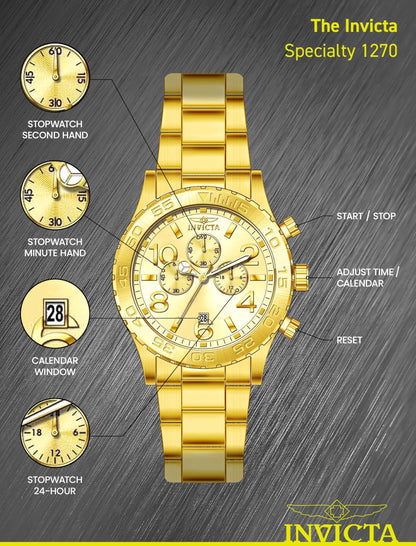 Invicta Men's 1270 Specialty Chronograph Gold Dial 18k Gold Ion-Plated Stainless Steel Watch