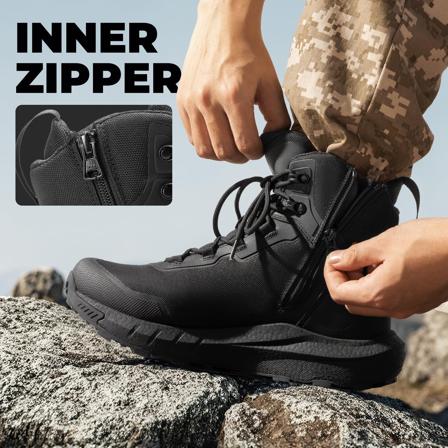 NORTIV 8 Men's Tactical Hiking Boot Lightweight Cushion Sole Boots for Work All Day Side Zipper Motorcycle Combat Military Boot Arch Support 8 Inches Terrascope, Black, NMUMMT2503