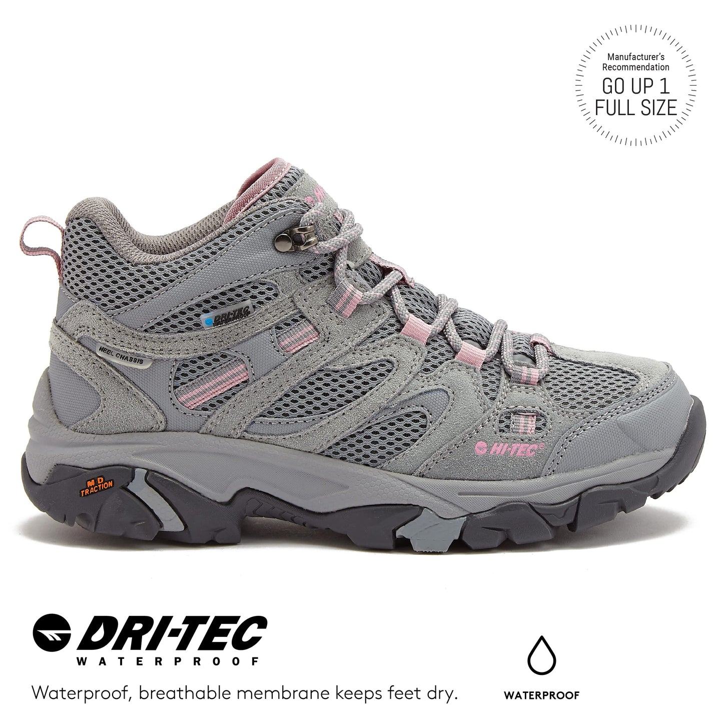 HI-TEC Apex Lite Mid WP Waterproof Hiking Boots for Women, Lightweight Outdoor and Trail Shoes - Medium Grey/Light Pink