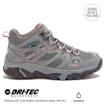 HI-TEC Apex Lite Mid WP Waterproof Hiking Boots for Women, Lightweight Outdoor and Trail Shoes - Medium Grey/Light Pink