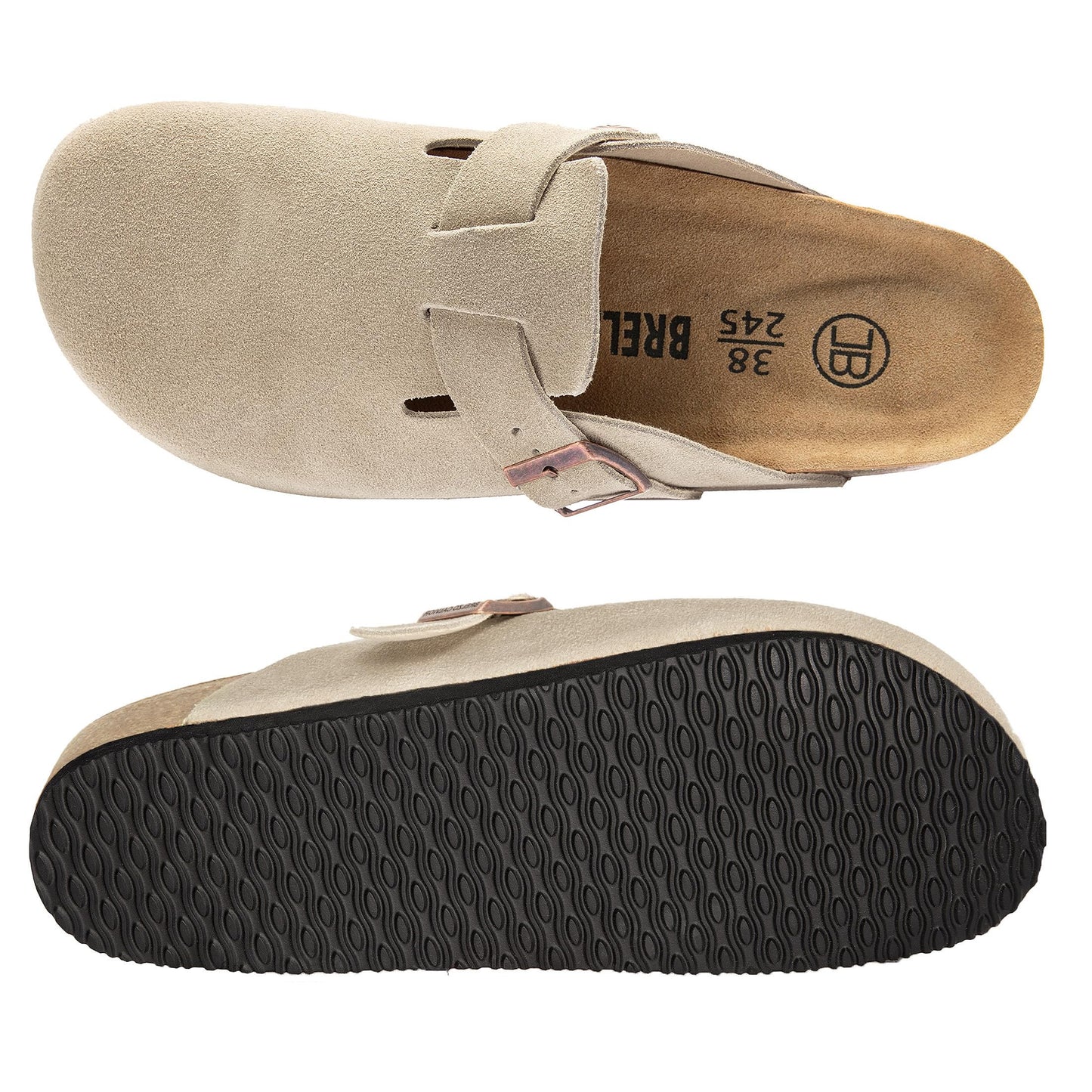 Brelzo Calvior Women's Suede Clogs Men's Slip-On Mules Non-Slip Potato Shoes Arch Support Sandals with Adjustable Buckle for Indoor & Outdoor Use Tan