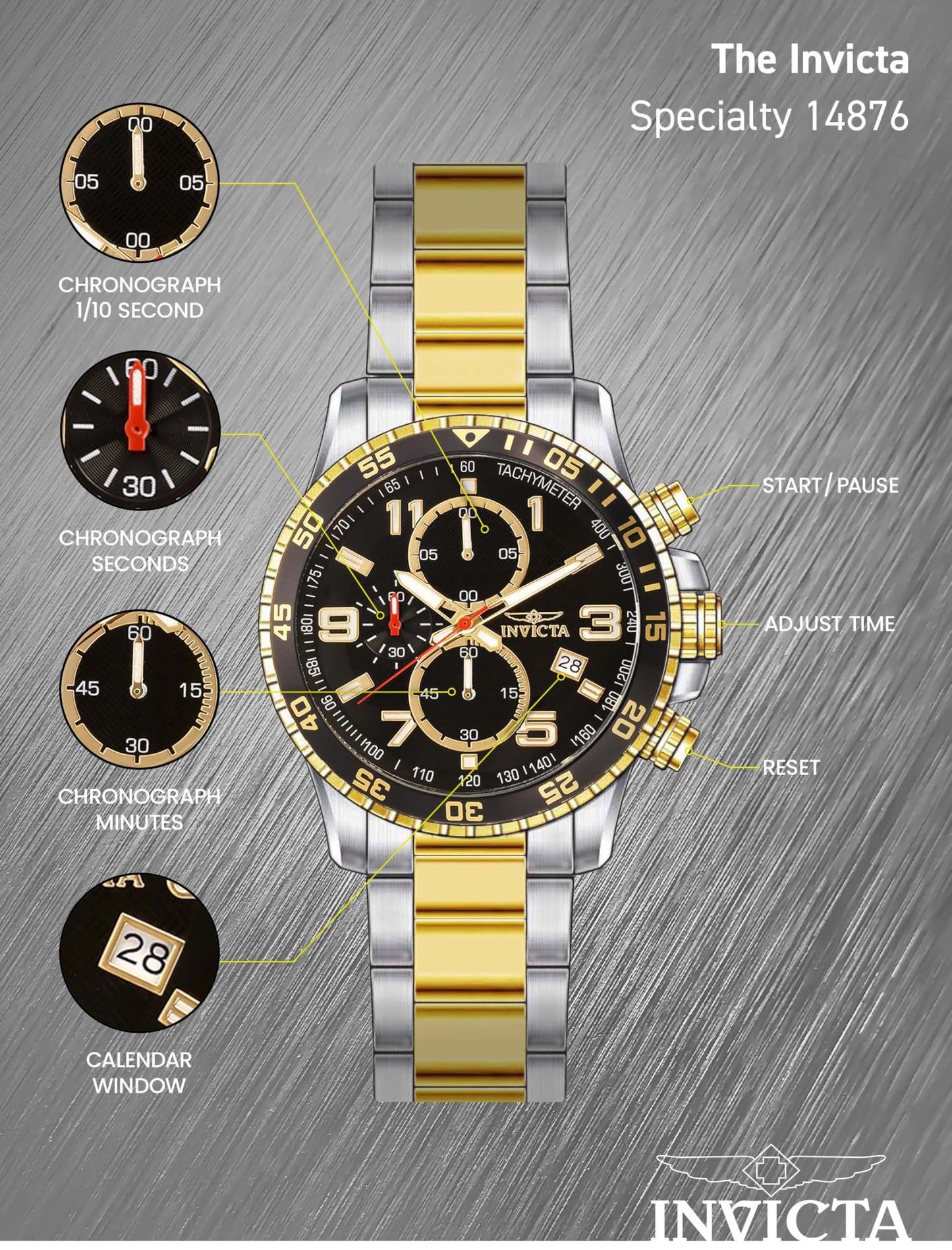 Invicta Men's 14876 Specialty Chronograph Black Textured Dial Two Tone Stainless Steel Watch