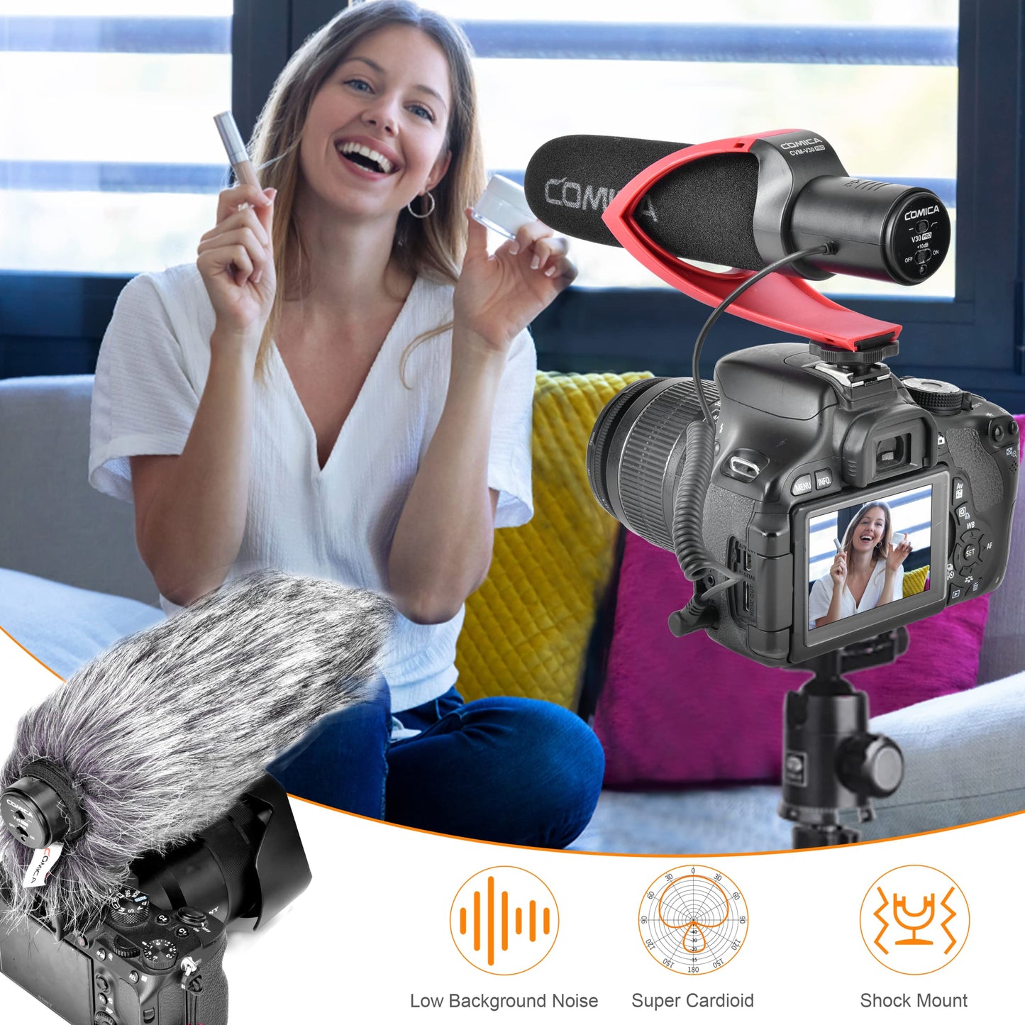 COMICA Camera Microphone CVM-V30 PRO Shotgun Video Microphone with 3.5mm Interface,Interview VideoMic for Canon Nikon Sony Panasonic Fuji Olympus DSLR Camcorder for YouTube Vlogging Facebook(RED)
