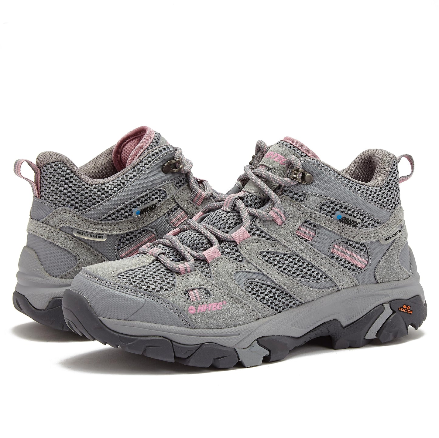 HI-TEC Apex Lite Mid WP Waterproof Hiking Boots for Women, Lightweight Outdoor and Trail Shoes - Medium Grey/Light Pink