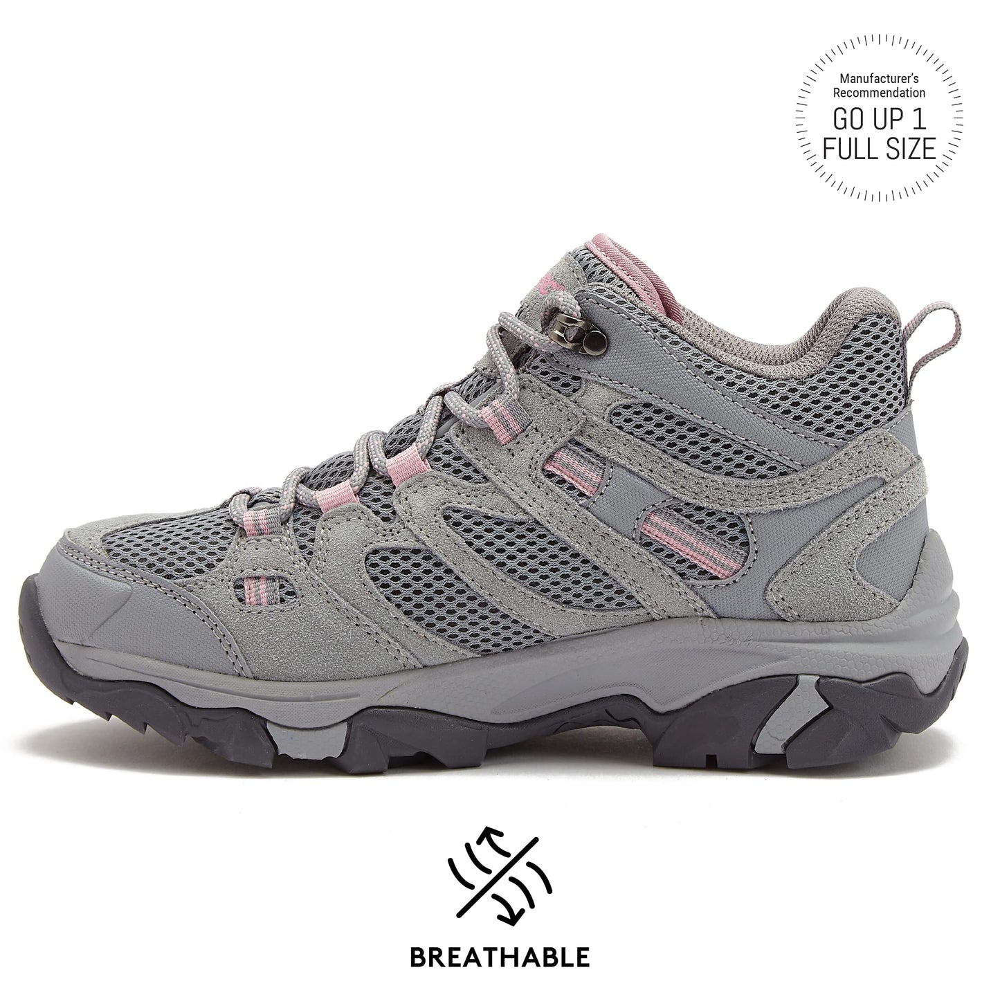 HI-TEC Apex Lite Mid WP Waterproof Hiking Boots for Women, Lightweight Outdoor and Trail Shoes - Medium Grey/Light Pink
