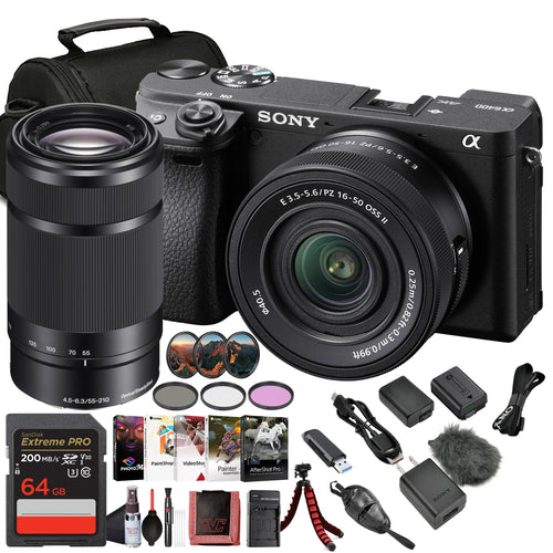 Sony Alpha a6400 Mirrorless Digital Camera with 16–50mm Power Zoom Lens (ILCE-6400L/B) – 24.2 MP APS-C, 4K Video, Real-Time Eye AF w/Sony E 55-210mm f/4.5-6.3 OSS Lens + 64GB Card and More