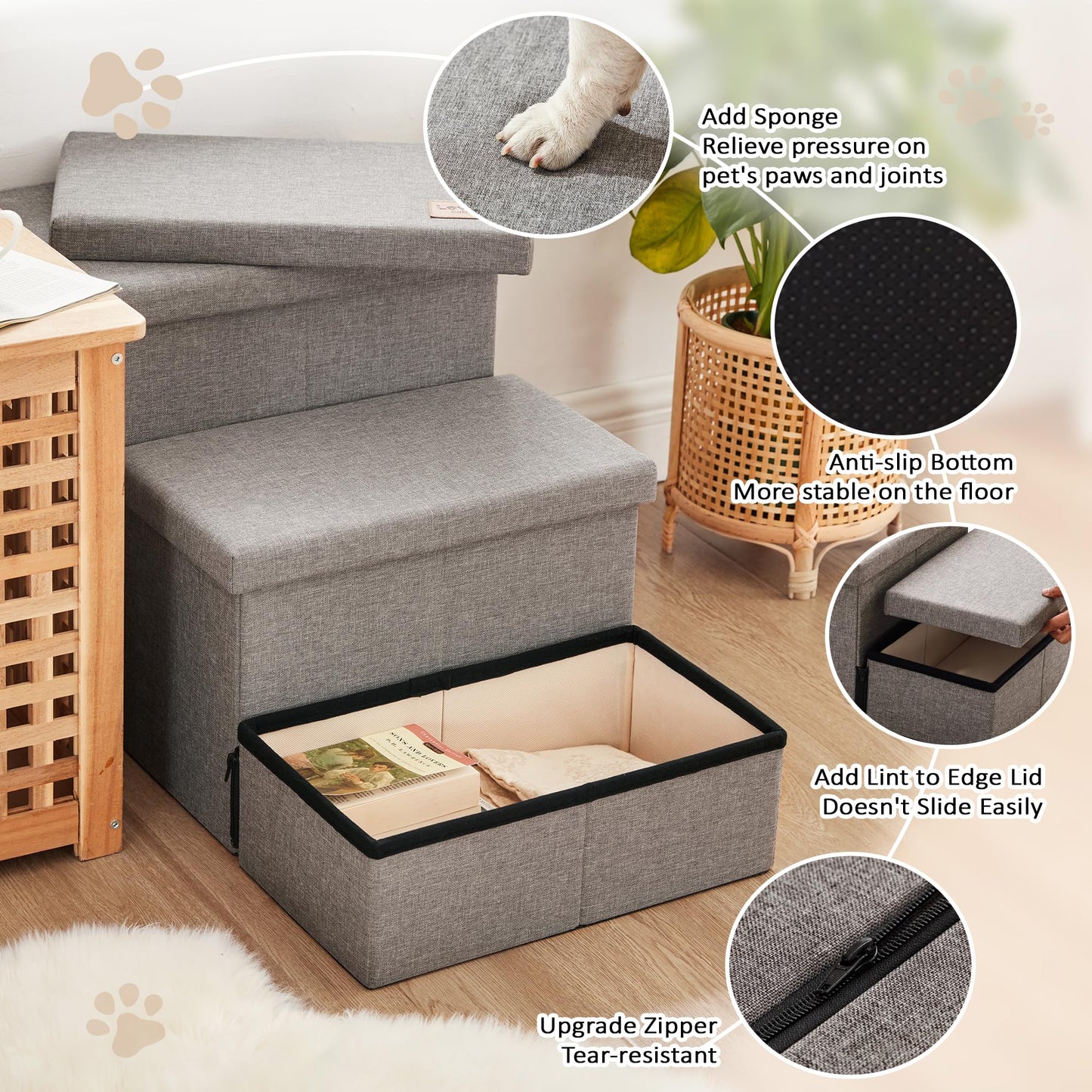 Love's cabin Escaleras para Perros de 3 Escalones (18" / Gris Sólido)