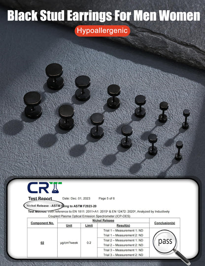 FIBO STEEL Pendientes de Acero Inoxidable (Negro / 6 Pares / 3-8mm)