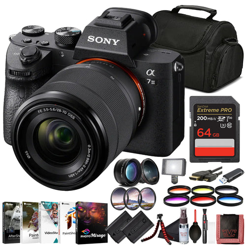 Sony α7 III Full-Frame Mirrorless Camera Kit with 28–70 mm OSS Lens (ILCE-7M3K/B) – 24.2 MP Sensor | 4K HDR Video | 64GB Memory Card, 2 x NP-FZ-100 Battery, Case, External Charger and More