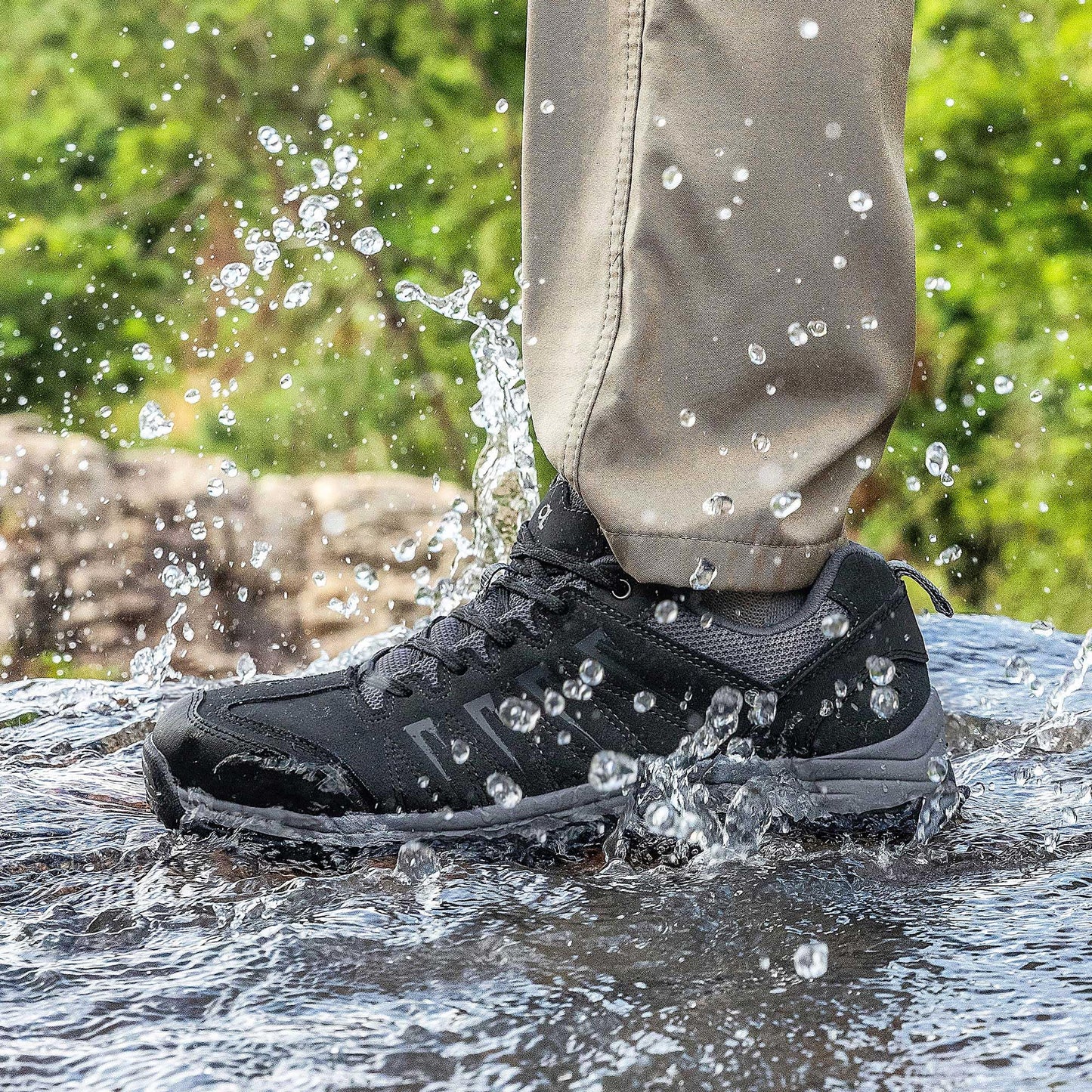 OL OUTJET LEGEND Men's Waterproof Hiking Shoes Leather Comfortable Lightweight Anti Slip Low Tops Outdoor Walking Work Shoes Black