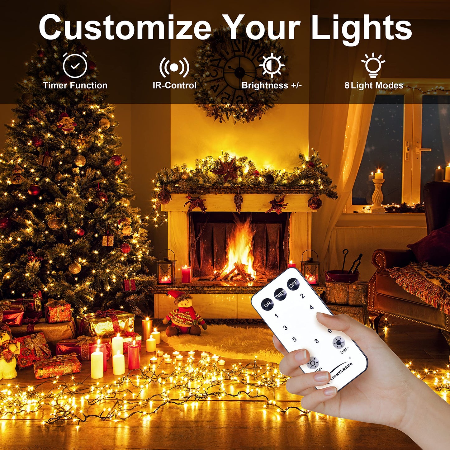 LIGHTSHARE 1000LED 328FT String Lights Warm White, 8 Modes 30V Plug in Fairy Lights with Remote Control for Home Garden Yard Christmas Wedding Holiday Party Thanksgiving (1pc Transparent Wire)